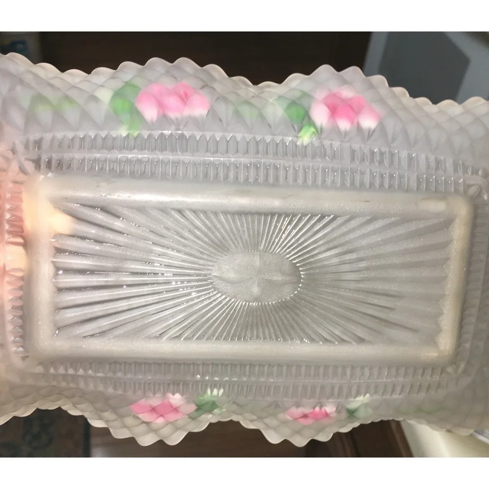 Vintage Pink Roses Frosted Satin Glass Candy Trinket Dish Shabby Chic Cottage